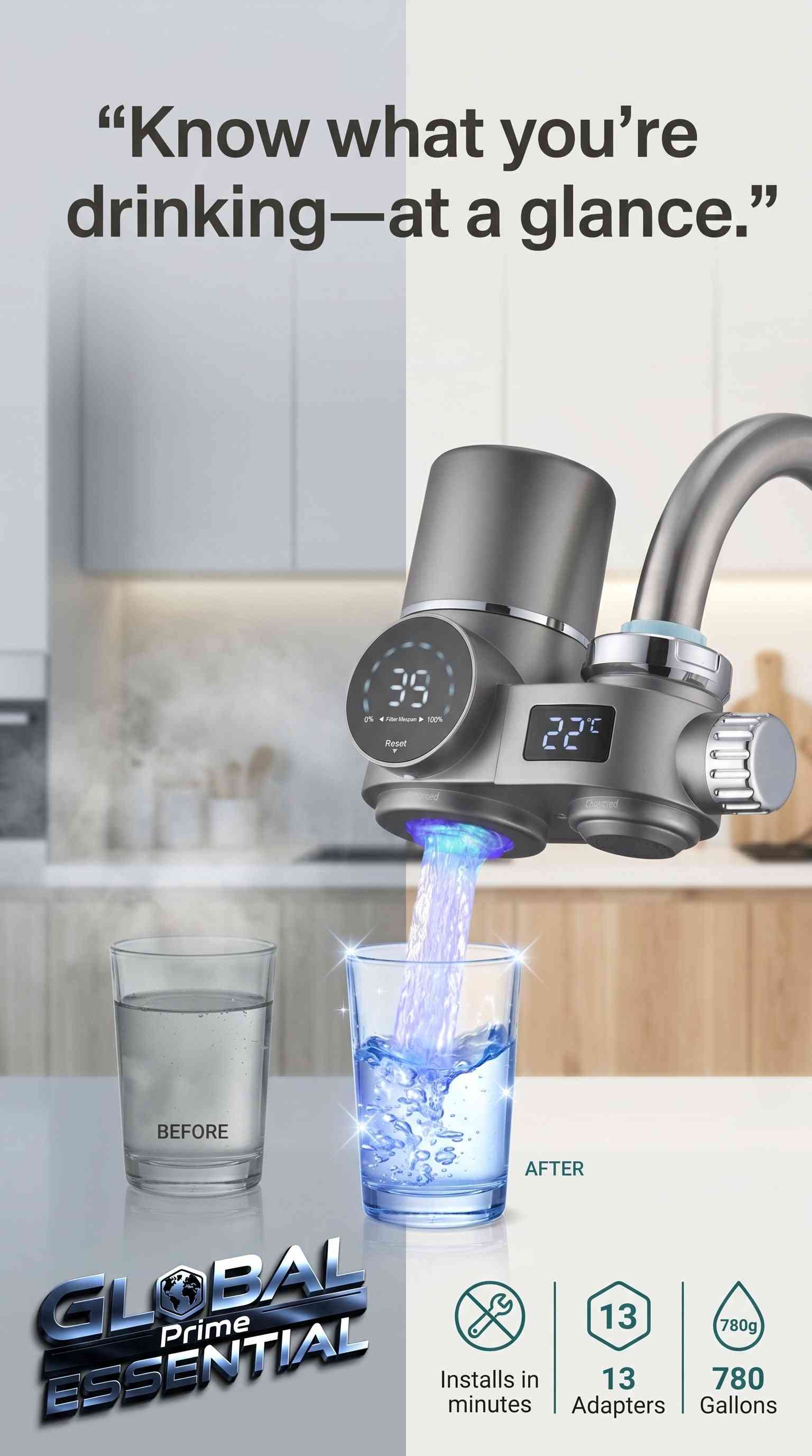 Global Prime Essential faucet water filter with 13-stage purification, UV light, and LED display for clean drinking water.