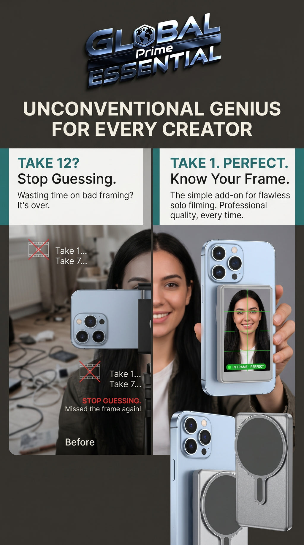 Global Prime Essential Vlog selfie monitor screen for iPhone showing a person recording a video with the device.