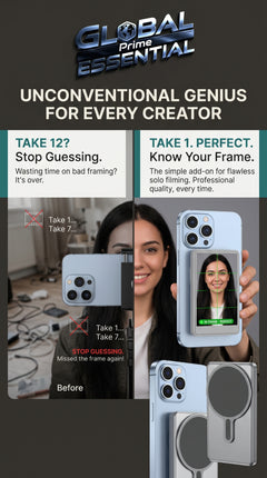 Global Prime Essential Vlog selfie monitor screen for iPhone showing a person recording a video with the device.