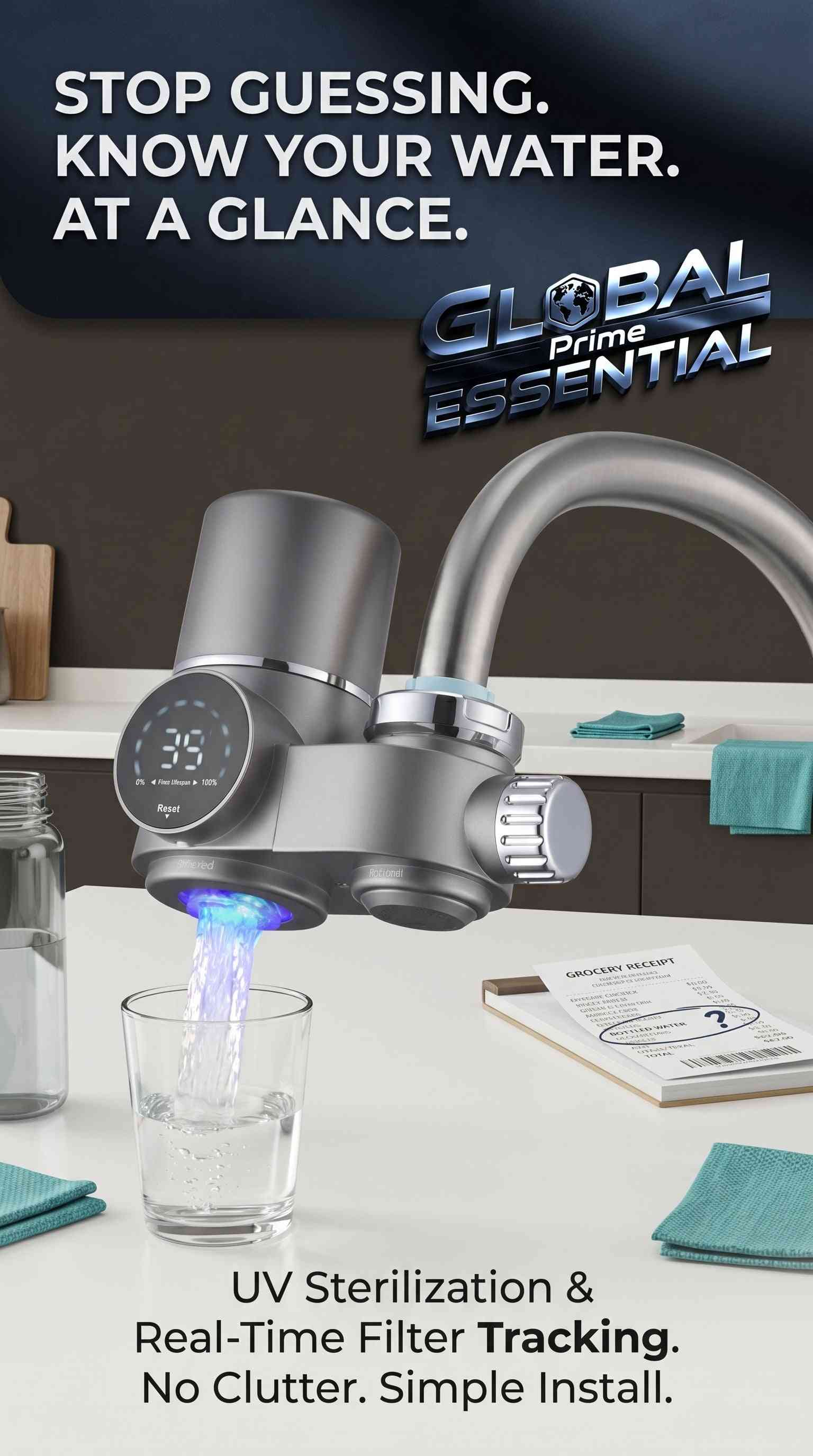 Global Prime Essential faucet water filter with 13-stage purification, UV light, and LED display for clean, fresh drinking water.