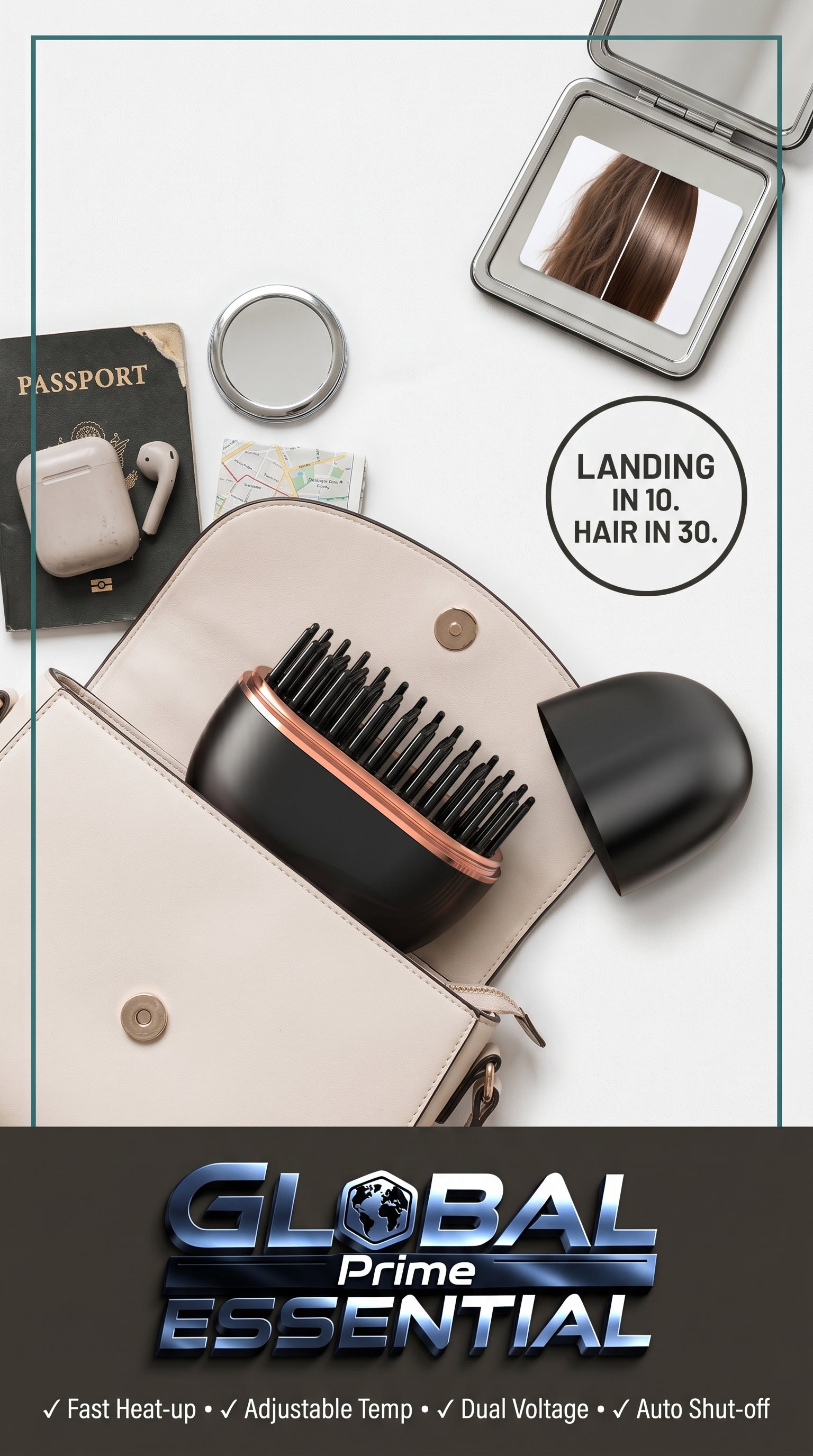 Global Prime Essential portable hair straightener in sleek design, perfect for quick styling on the go.