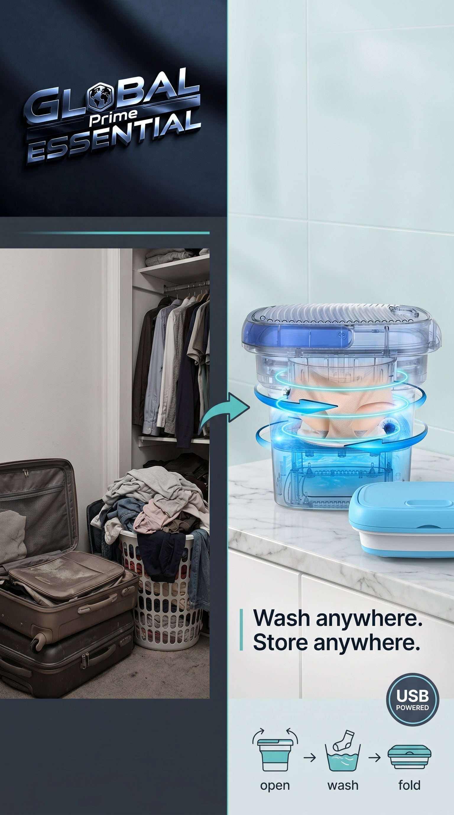 Global Prime Essential folding washing machine in use, compact design perfect for laundry in small spaces or tight schedules.