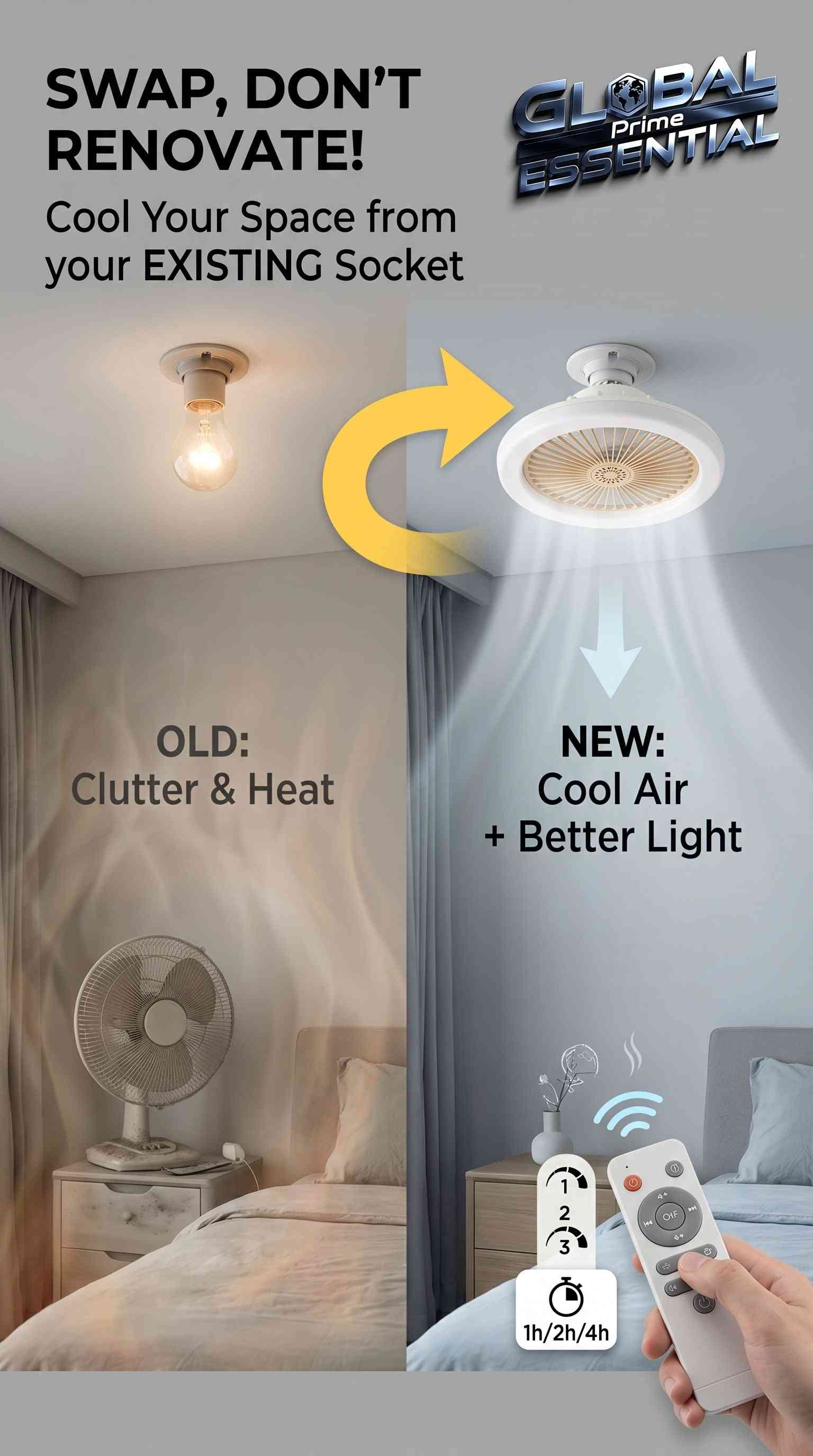 Global Prime Essential light socket fan with remote, 3 speeds, dimmable LED, aromatherapy function, E26 fit, cool and bright airflow