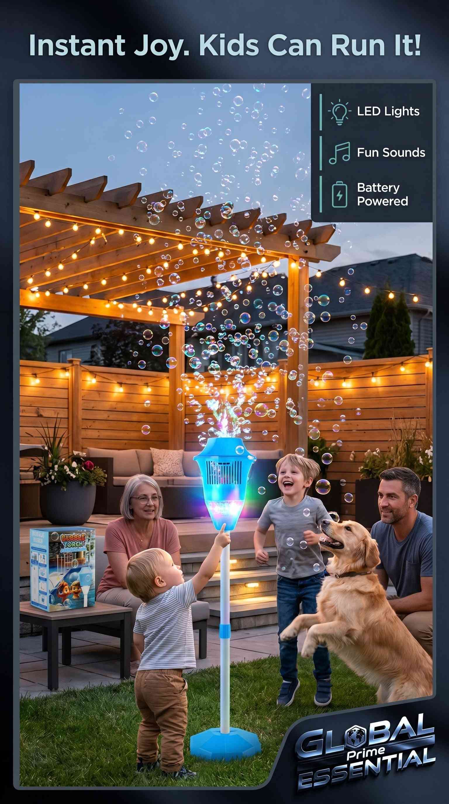 Global Prime Essential standing bubble machine for kids with LED lights, music, adjustable height, and battery operation.