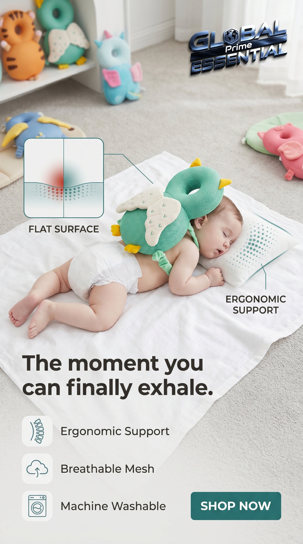 Global Prime Essential newborn protection pillow with soft, cushioned design for safe baby tummy time and gentle support.
