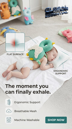 Global Prime Essential newborn protection pillow with soft, cushioned design for safe baby tummy time and gentle support.