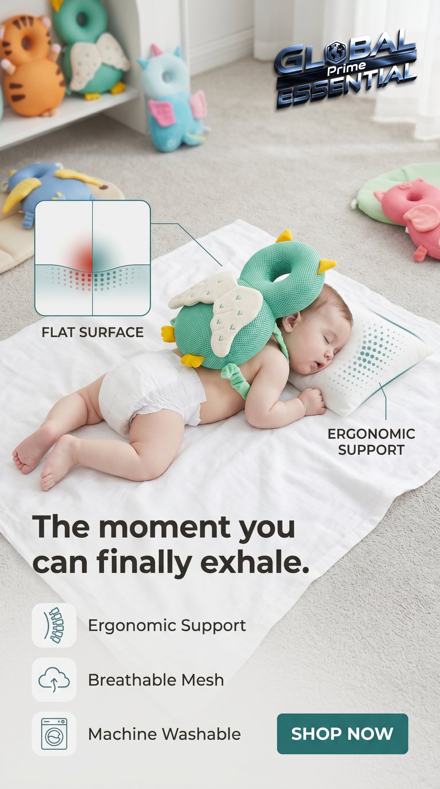Global Prime Essential newborn protection pillow with soft, cushioned design for safe baby tummy time and gentle support.