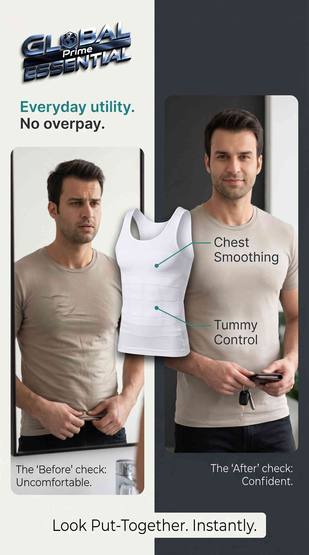 Men's slimming compression vest by Global Prime Essential, flatters chest and tummy for a sleek, confident look.