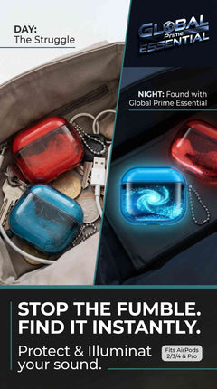 Shimmering glow-in-the-dark AirPods case by Global Prime Essential for AirPods 2, 3, 4, and Pro with hard shell design.