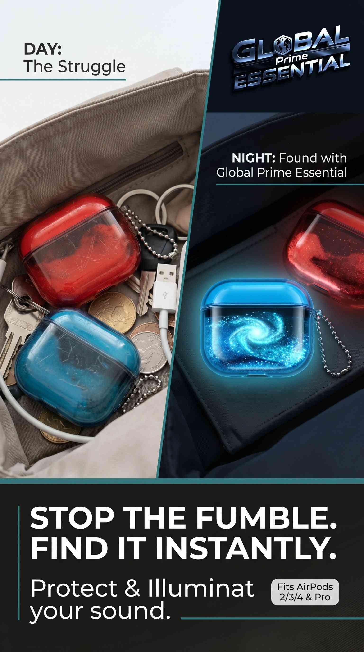 Shimmering glow-in-the-dark AirPods case by Global Prime Essential for AirPods 2, 3, 4, and Pro with hard shell design.