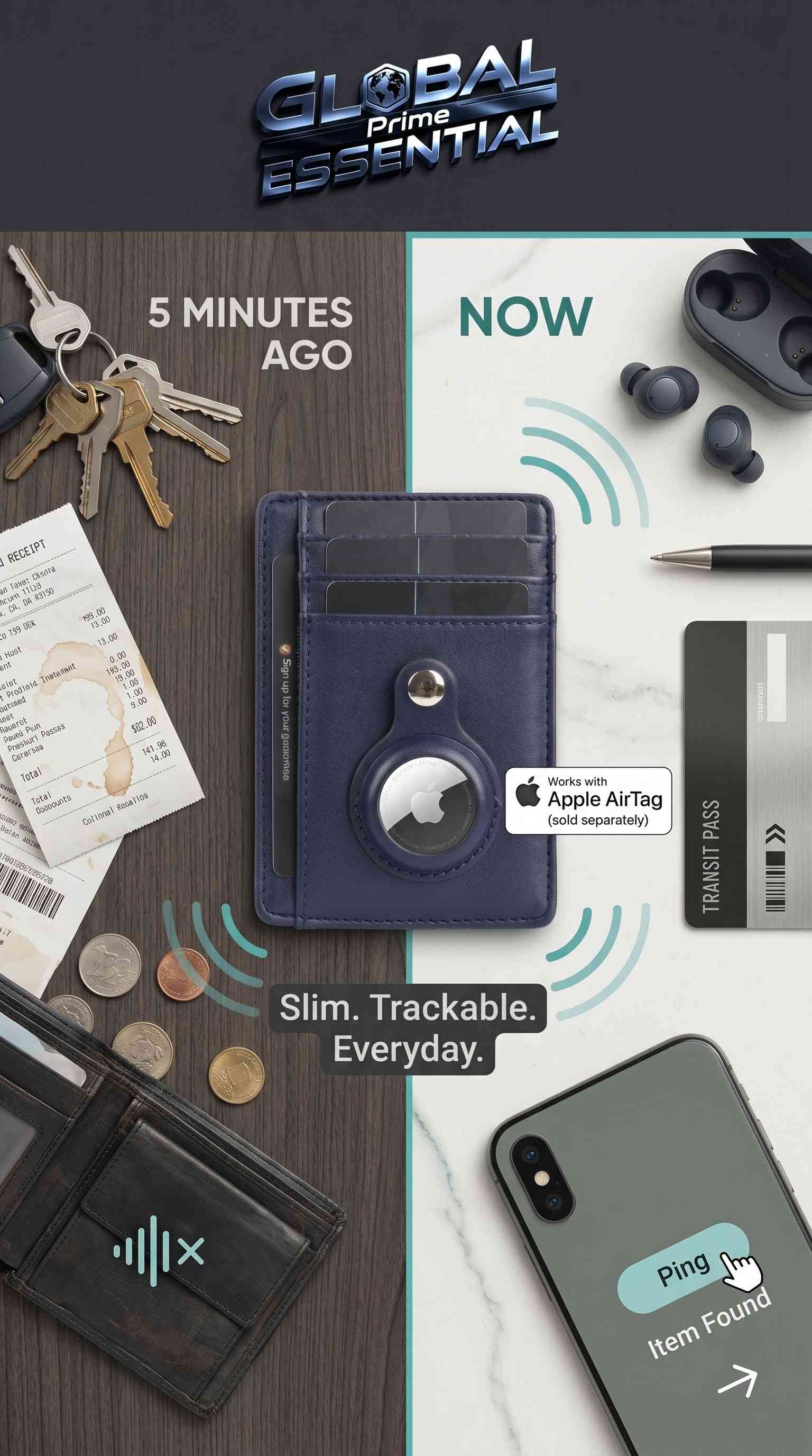 Global Prime Essential Apple AirTag Wallet, slim card holder with built-in AirTag pocket in various colors, shown in a panic situation.