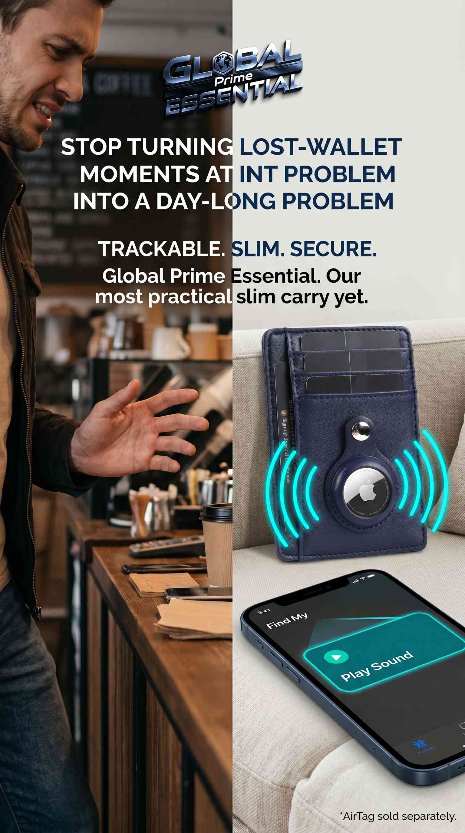Global Prime Essential Apple AirTag Wallet showing slim card holder with built-in AirTag pocket in a stylish design.