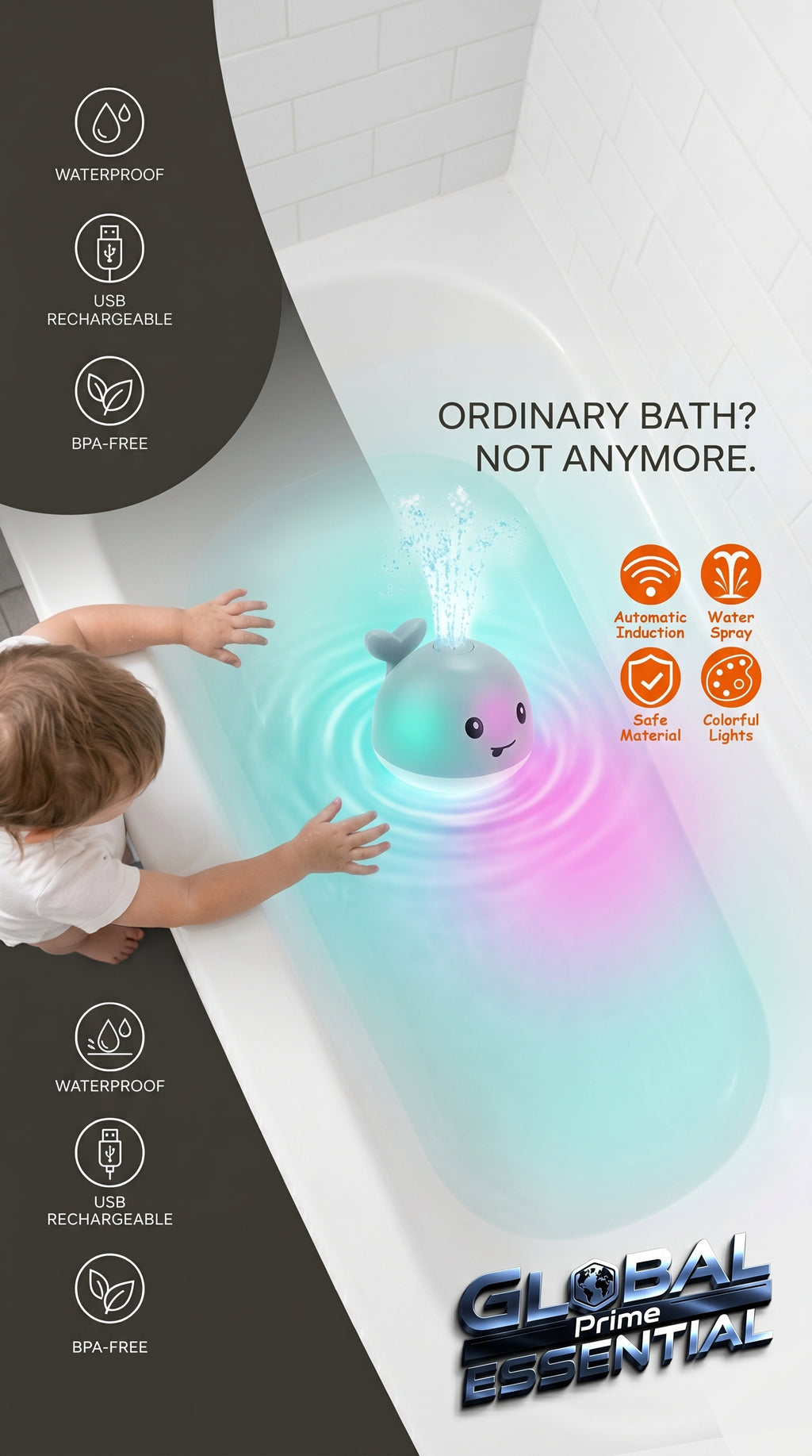 Global Prime Essential rechargeable whale bath toy for babies, with light-up features, designed for fun and safe bath time enjoyment.