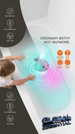 Global Prime Essential rechargeable whale bath toy for babies, with light-up features, designed for fun and safe bath time enjoyment.