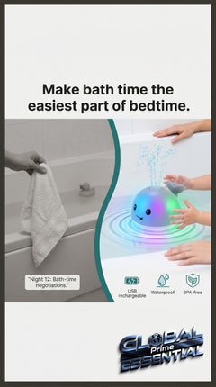Rechargeable whale-shaped baby bath toy by Global Prime Essential, light-up bath toy for fun and easy bath time.