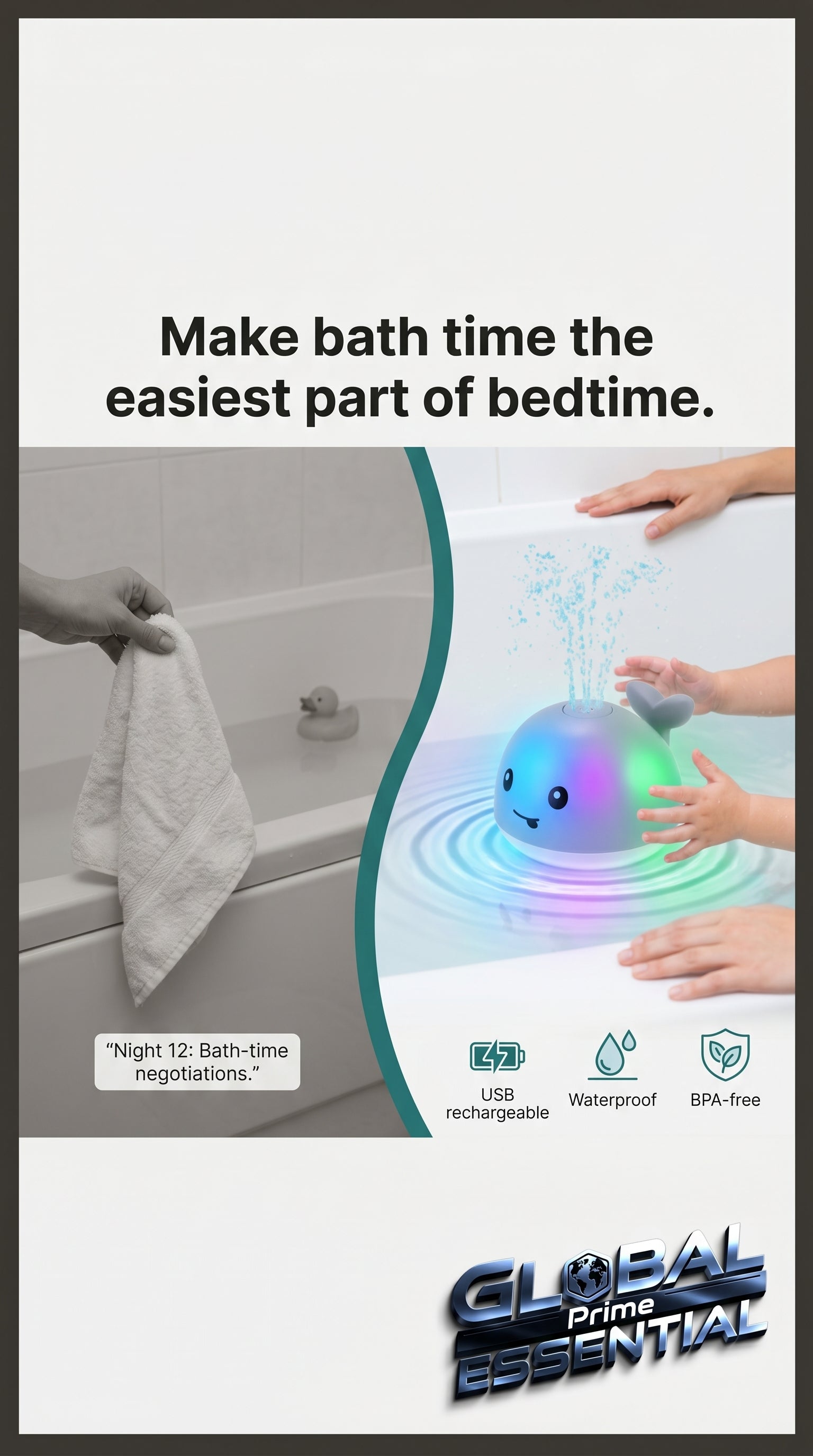 Rechargeable whale-shaped baby bath toy by Global Prime Essential, light-up bath toy for fun and easy bath time.