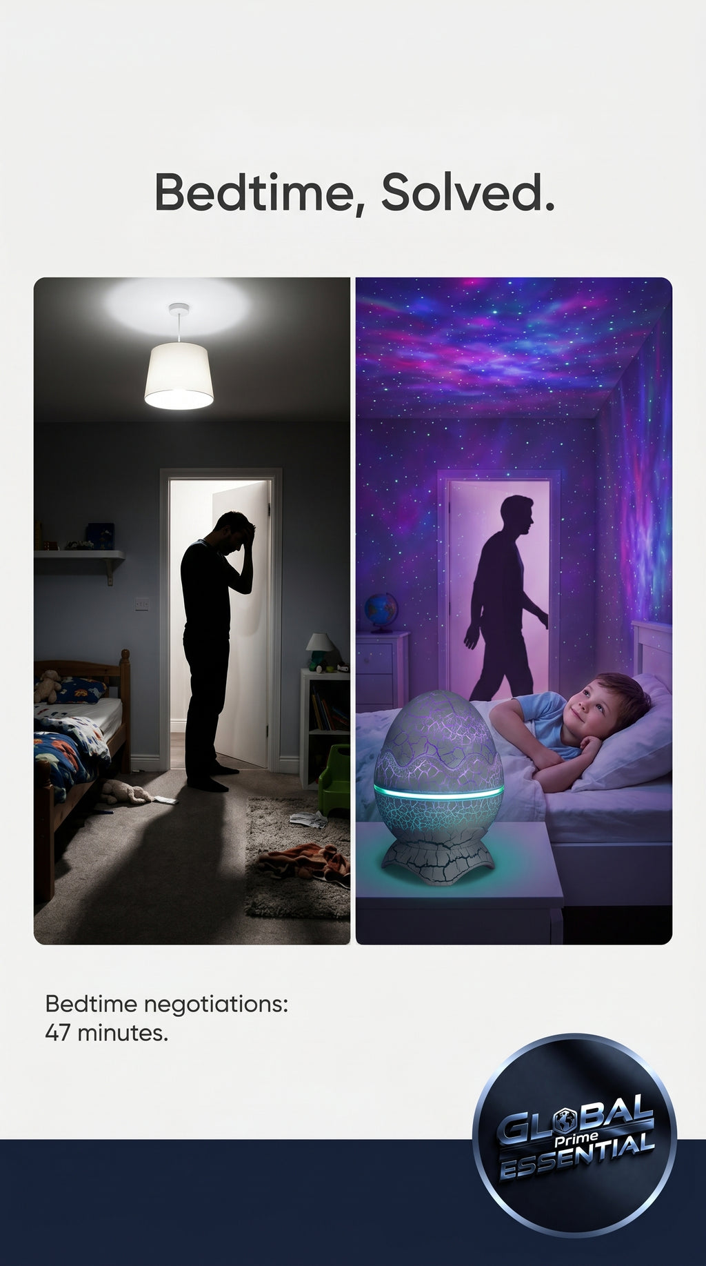 Global Prime Essential Dinosaur Egg Galaxy Projector displaying colorful starry sky on a child's bedroom wall for peaceful bedtime.