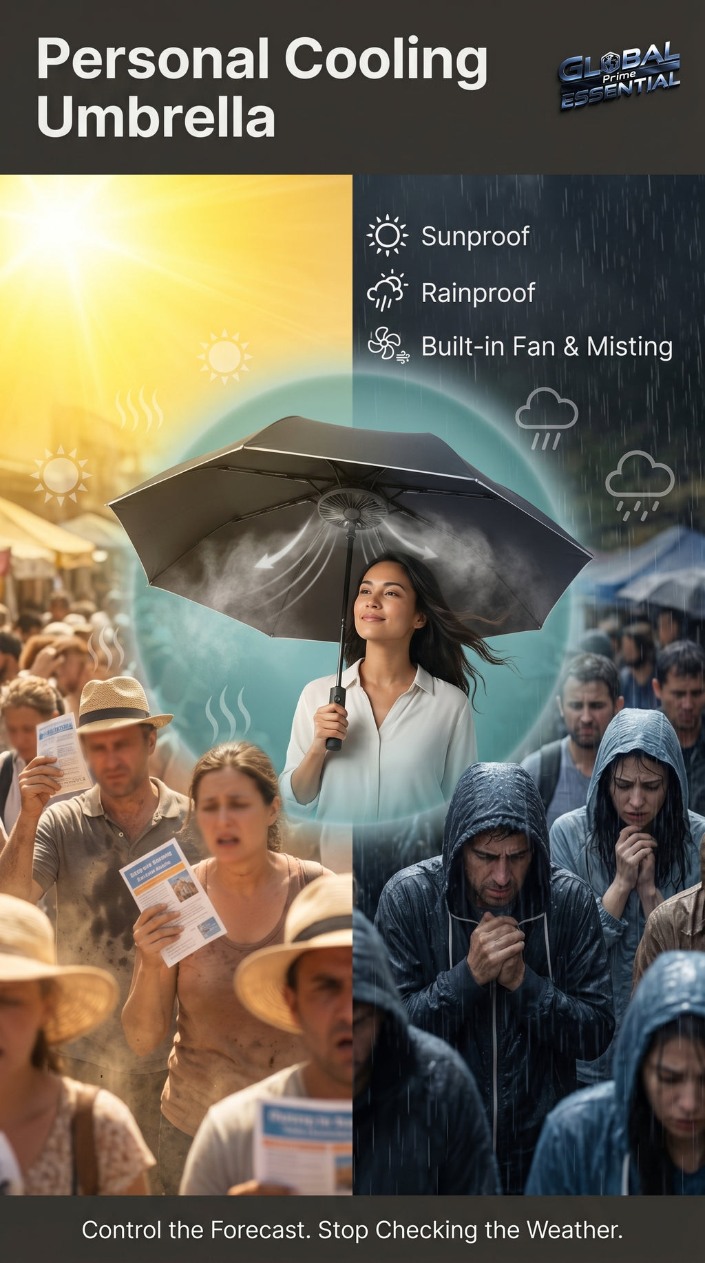 Global Prime Essential portable outdoor umbrella with built-in fan and misting system, offering shade and cooling in any weather.