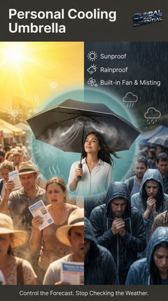 Global Prime Essential portable outdoor umbrella with built-in fan and misting system, offering shade and cooling in any weather.