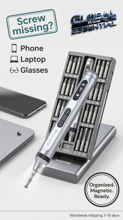 Global Prime Essential electrical precision screwdriver set with magnetic tips for repairing phones, laptops, and electronics.