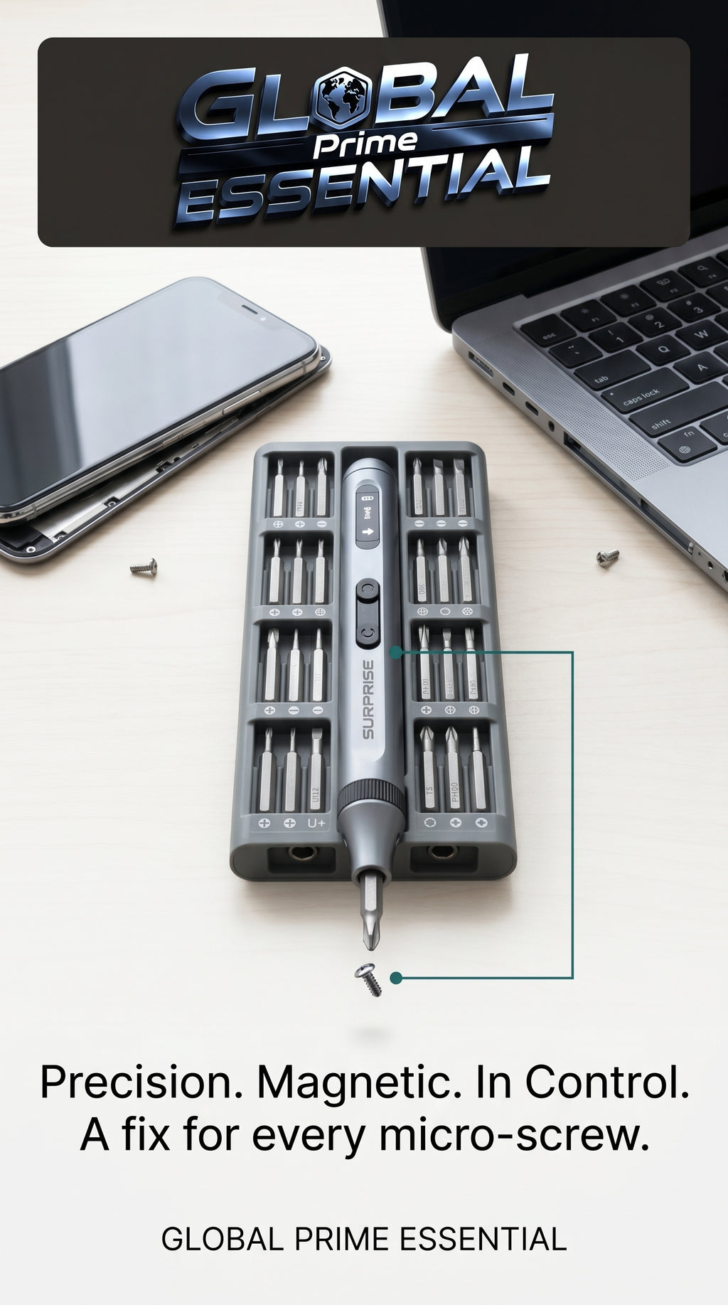 Global Prime Essential electrical precision screwdriver set with magnetic tips, ideal for phone, laptop, and electronics repairs.