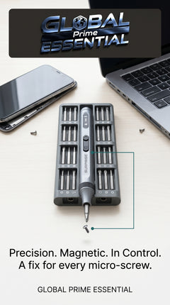 Global Prime Essential electrical precision screwdriver set with magnetic tips, ideal for phone, laptop, and electronics repairs.