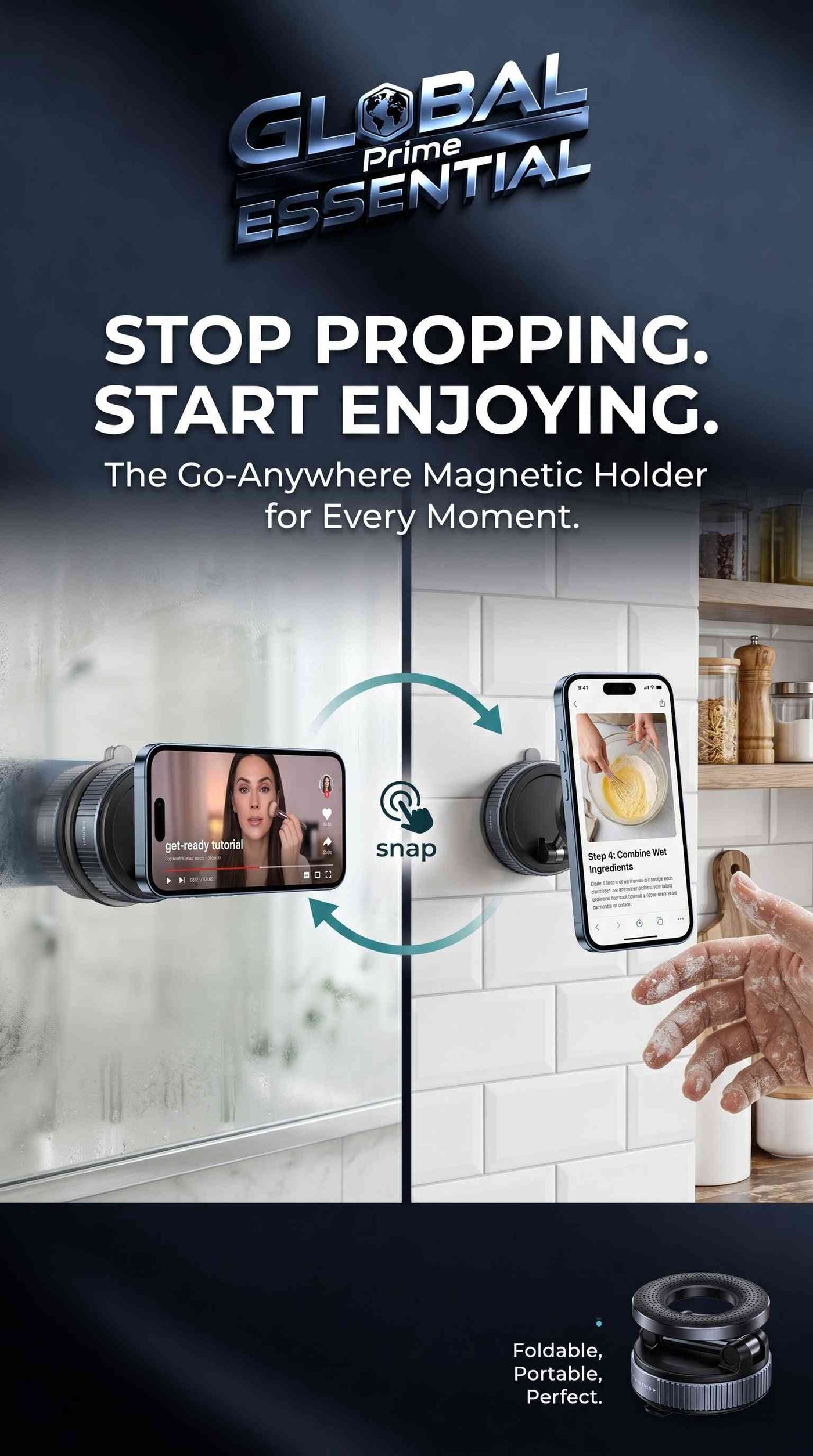 Global Prime Essential magnetic phone holder with MagSafe compatibility, 360° adjustable mount on various surfaces.
