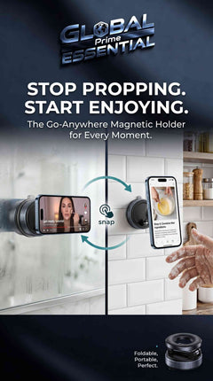Global Prime Essential magnetic phone holder with MagSafe compatibility, 360° adjustable mount on various surfaces.