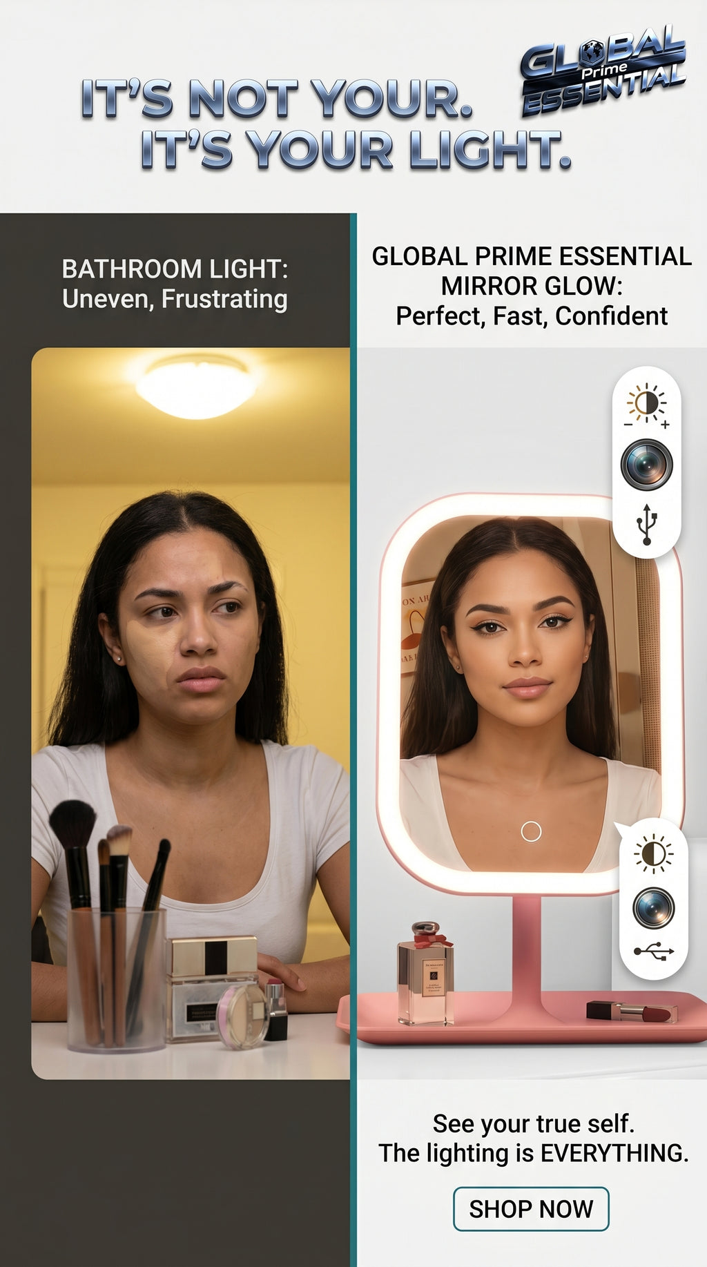 Global Prime Essential LED makeup mirror with bright, adjustable illumination for flawless vanity lighting and precise makeup application.