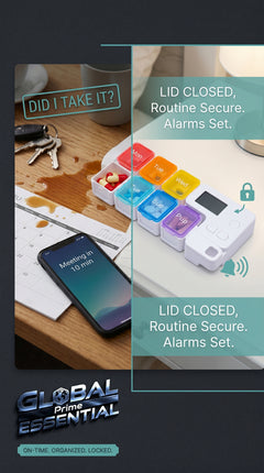 Global Prime Essential drug storage alarm box with organized medication compartments and digital alarm for timely medication reminders.