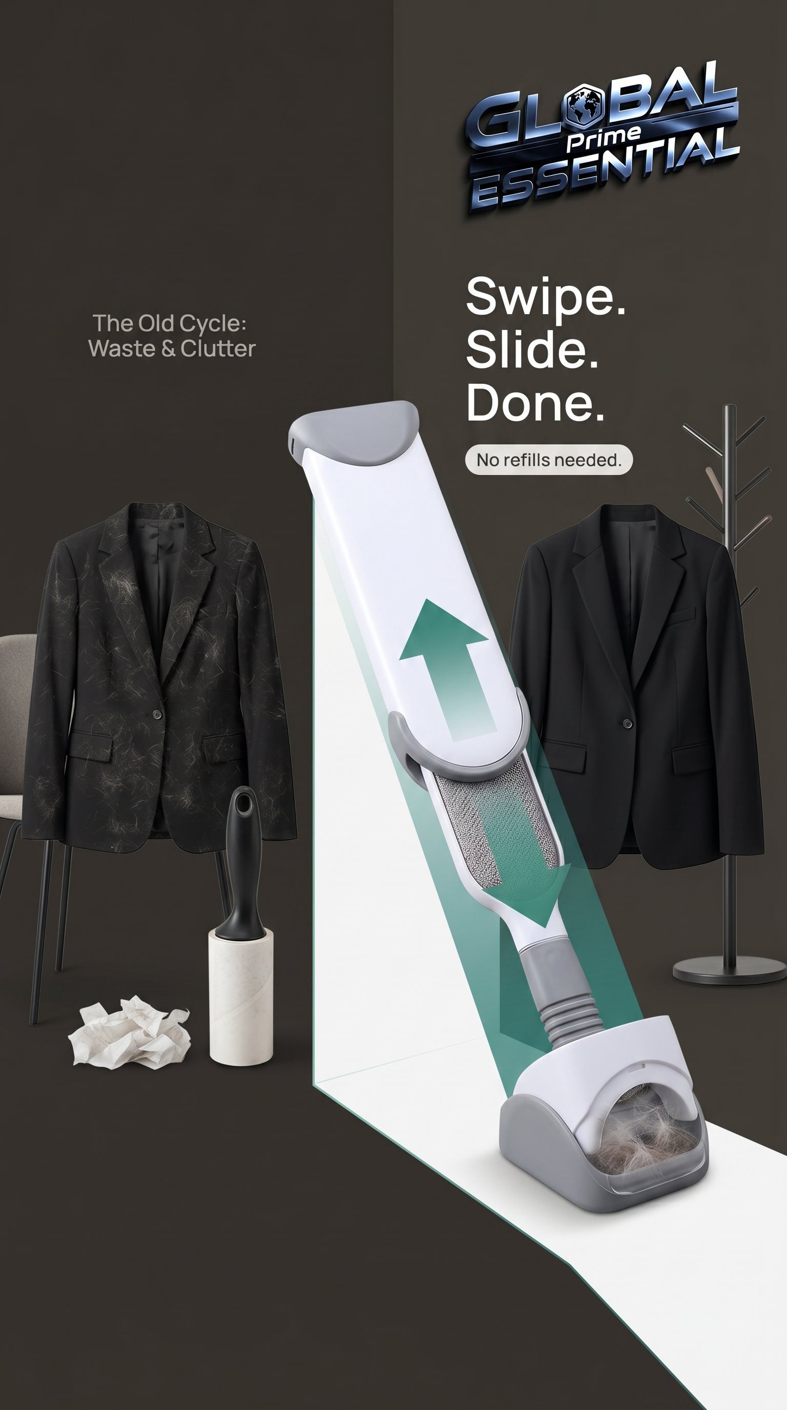 Global Prime Essential self-cleaning lint remover brush for pet hair and lint, reusable cleaning tool shown in the image.