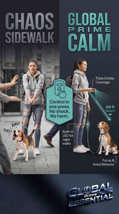 Global Prime Essential ultrasonic dog training device with LED flashlight, triple emitter, and 49ft bark control range for effective pet training.