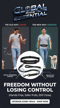 Hands free dog leash by Global Prime Essential shown in use, allowing comfortable, hands-free walking for pet owners.