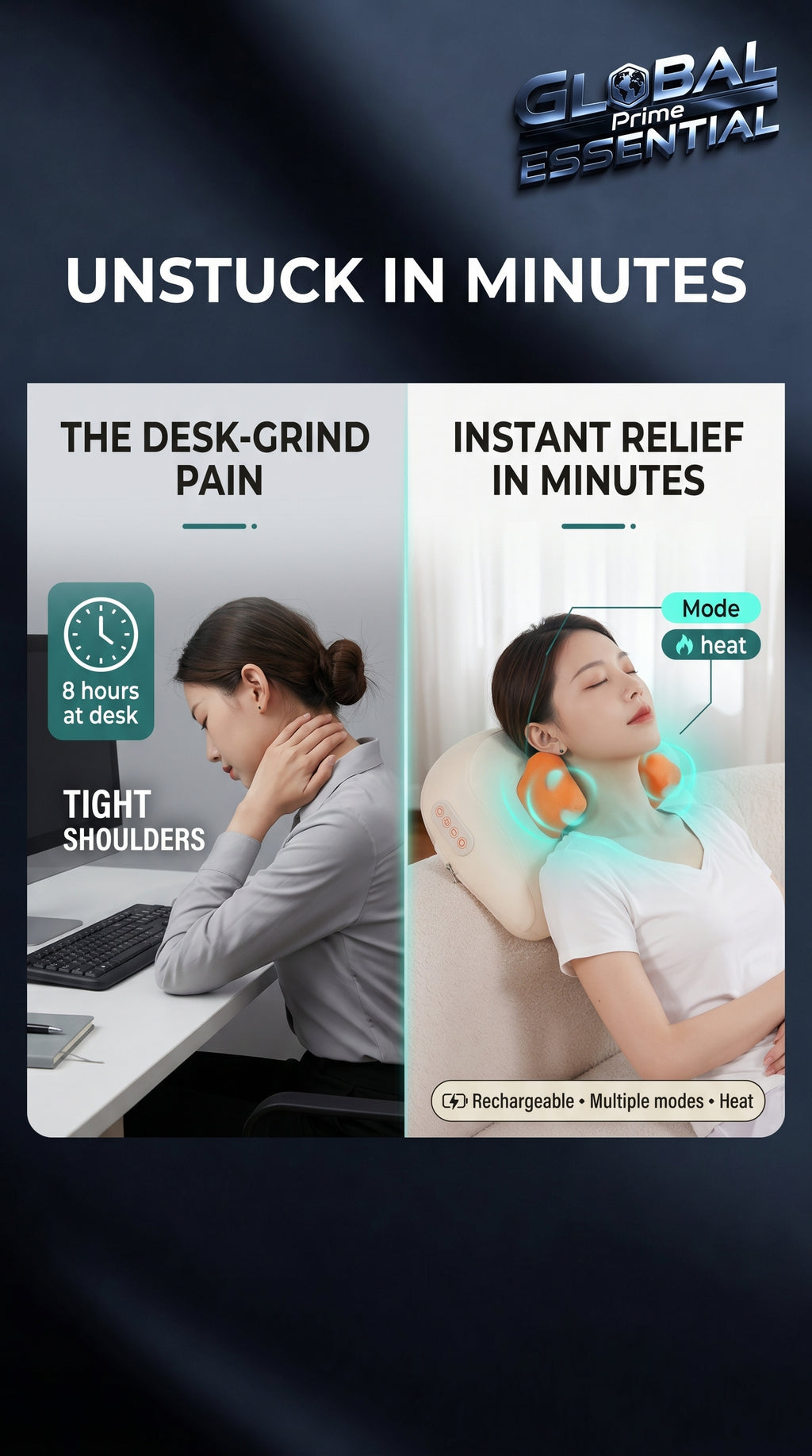 Global Prime Essential electric trapezius massage pillow providing targeted neck and shoulder relief for desk tension.