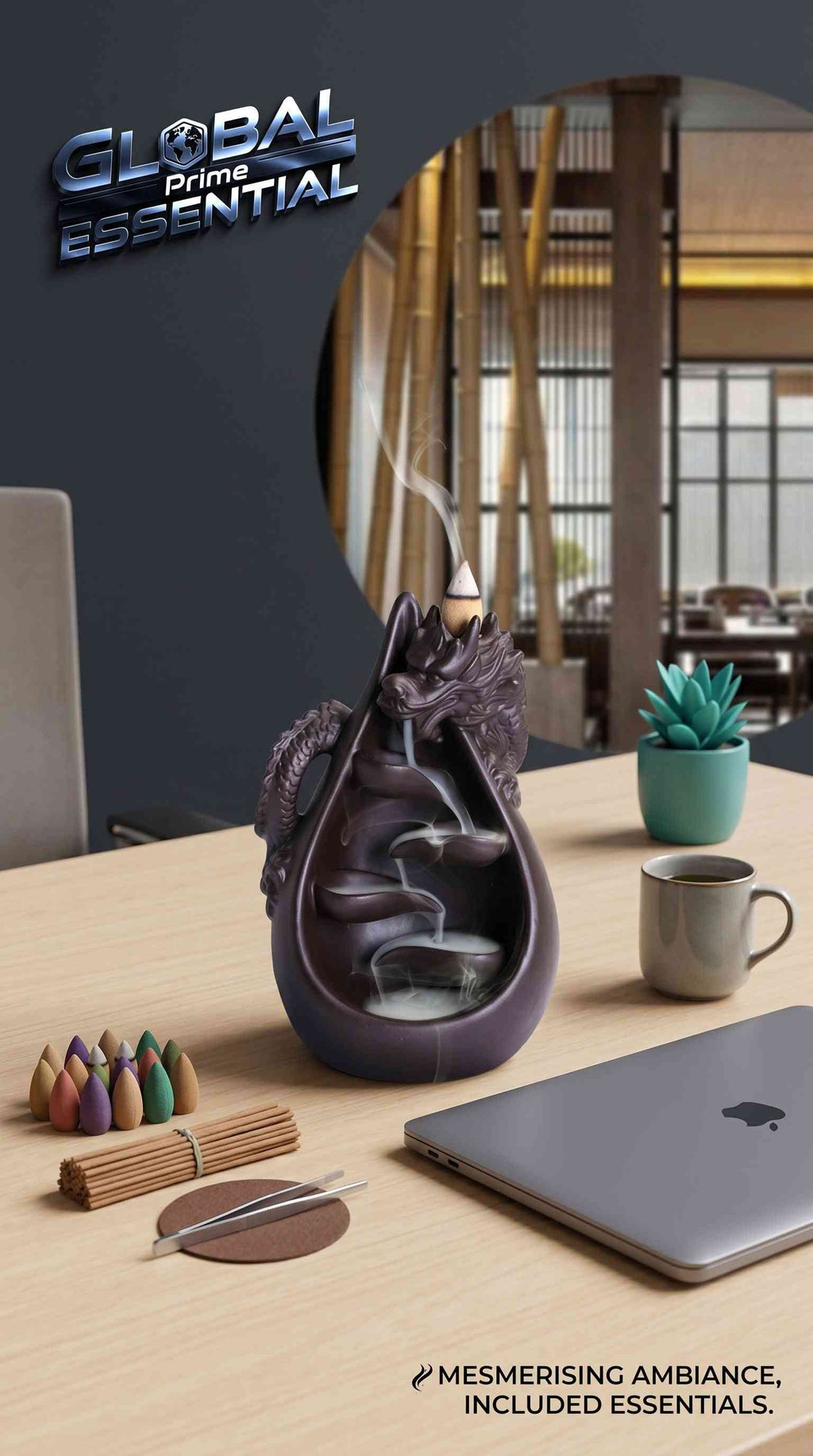 Ceramic dragon backflow incense burner set with waterfall effect, includes 45 cones and 40 sticks, on a modern desk.