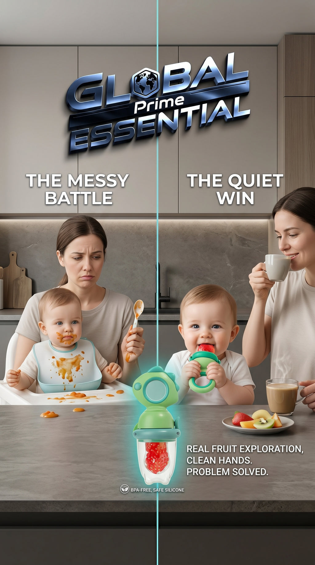 Global Prime Essential baby fruit squeezer feeder with a mess-free design, showing a happy baby enjoying fresh fruit.