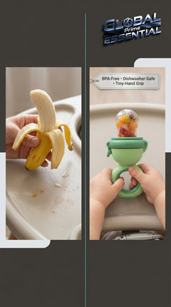 Global Prime Essential baby fruit squeezer feeder with fresh fruit inside, helping prevent messes during feeding.