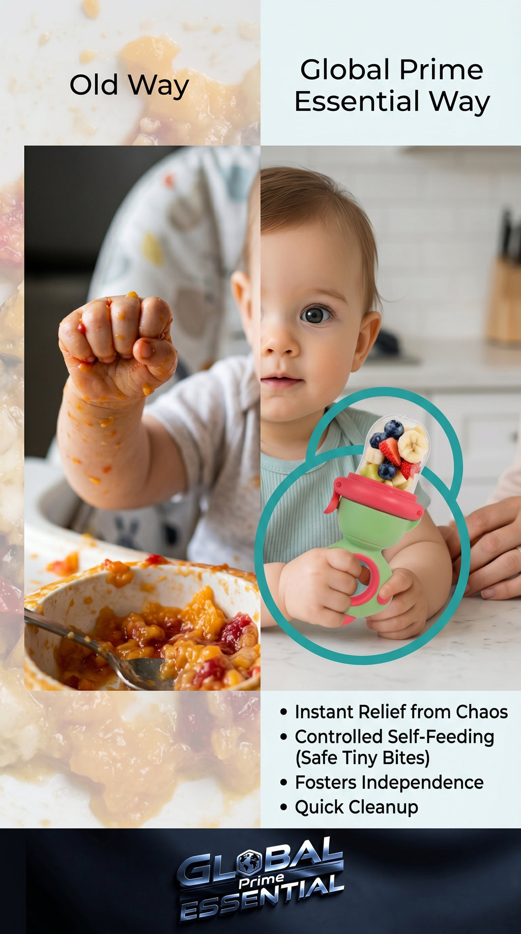 Global Prime Essential baby fruit squeezer feeder with vibrant fruits and messy and happy feeding scenes showing easy, safe feeding.