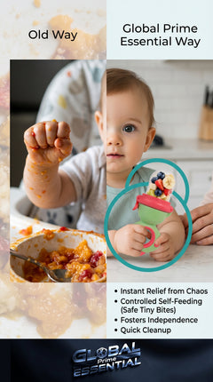 Global Prime Essential baby fruit squeezer feeder with vibrant fruits and messy and happy feeding scenes showing easy, safe feeding.