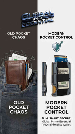 Global Prime Essential minimalist RFID blocking aluminum wallet with slim design, 15 card capacity, and cash strap in modern style.