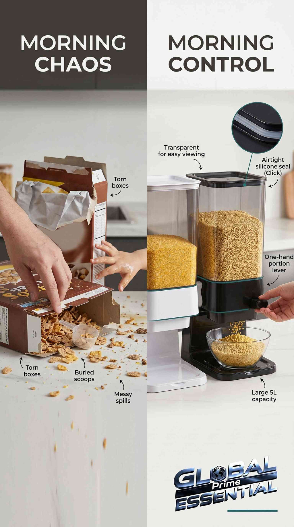 Global Prime Essential 5L dry food dispenser with airtight silicone seal for cereal and pet food storage in a kitchen setting.