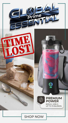 Global Prime Essential portable blender cup with 600ml BPA-free bottle, showing the blender in a sleek, compact design.