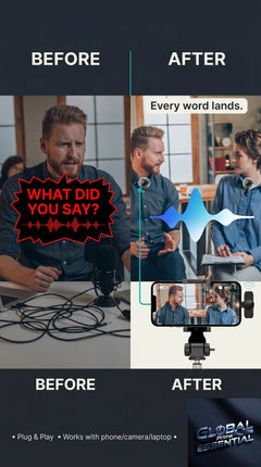 Global Prime Essential wireless lavalier microphone capturing clear, muffled audio for professional sound quality.