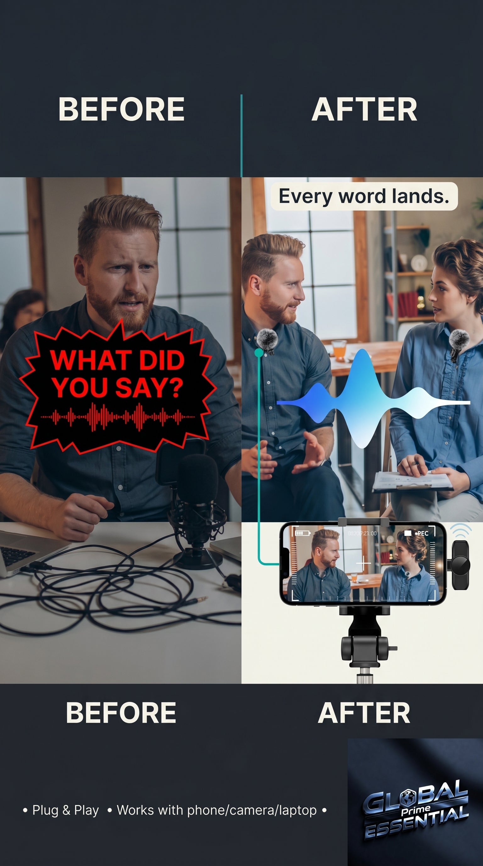 Global Prime Essential wireless lavalier microphone capturing clear, muffled audio for professional sound quality.