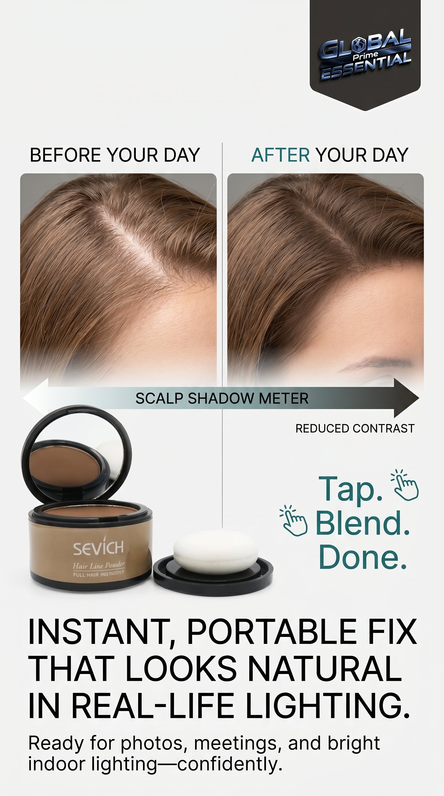 Global Prime Essential hairline powder, a natural-looking root filler for thinning areas and sparse hairlines.