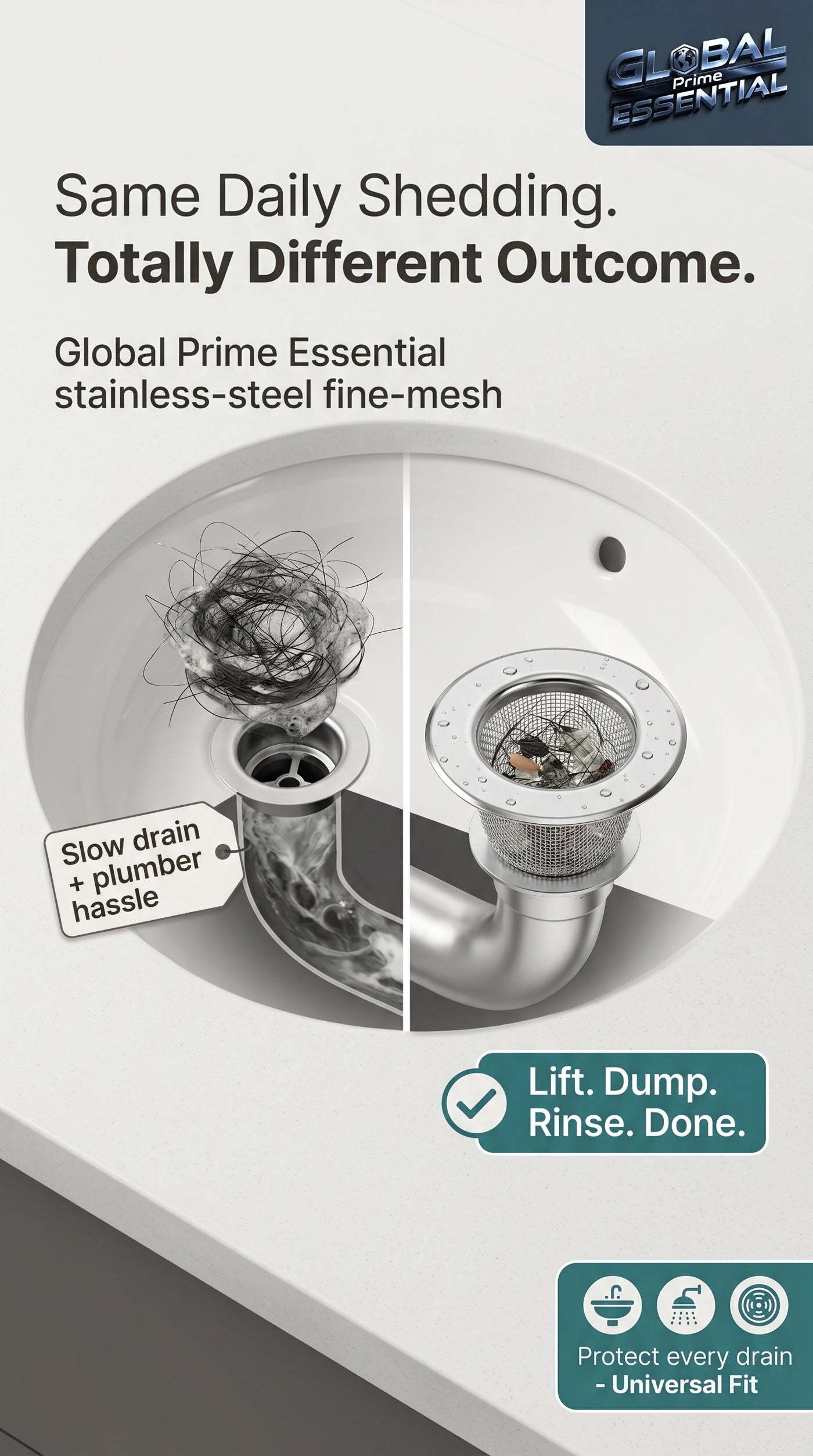 Global Prime Essential bathroom sink drain strainer preventing clogs and catching debris in a modern bathroom sink.