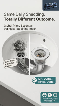 Global Prime Essential bathroom sink drain strainer preventing clogs and catching debris in a modern bathroom sink.
