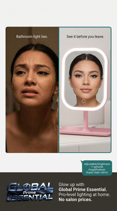 Global Prime Essential LED makeup mirror with bright, adjustable lighting and a sleek vanity design for flawless makeup application.