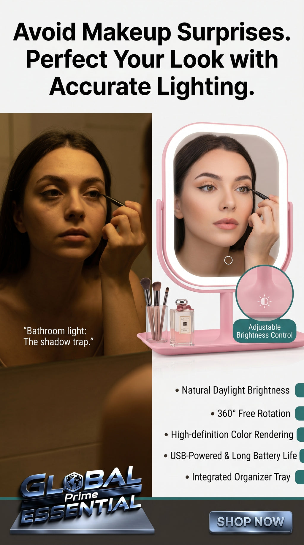 Global Prime Essential LED makeup mirror with bright, adjustable lighting for precise vanity makeup application.
