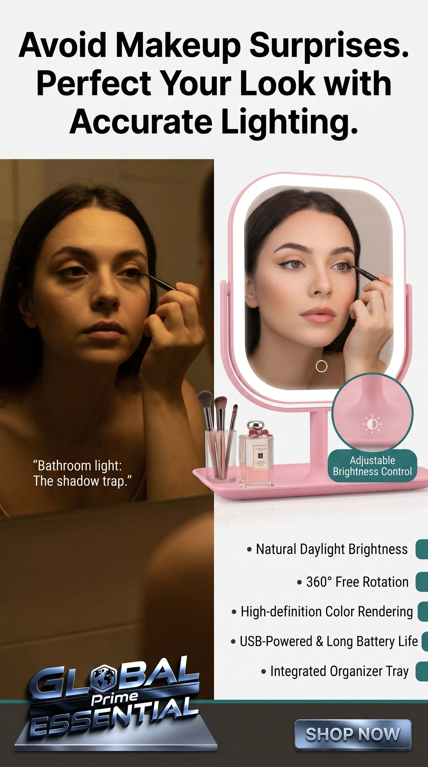 Global Prime Essential LED makeup mirror with bright, adjustable lighting for precise vanity makeup application.